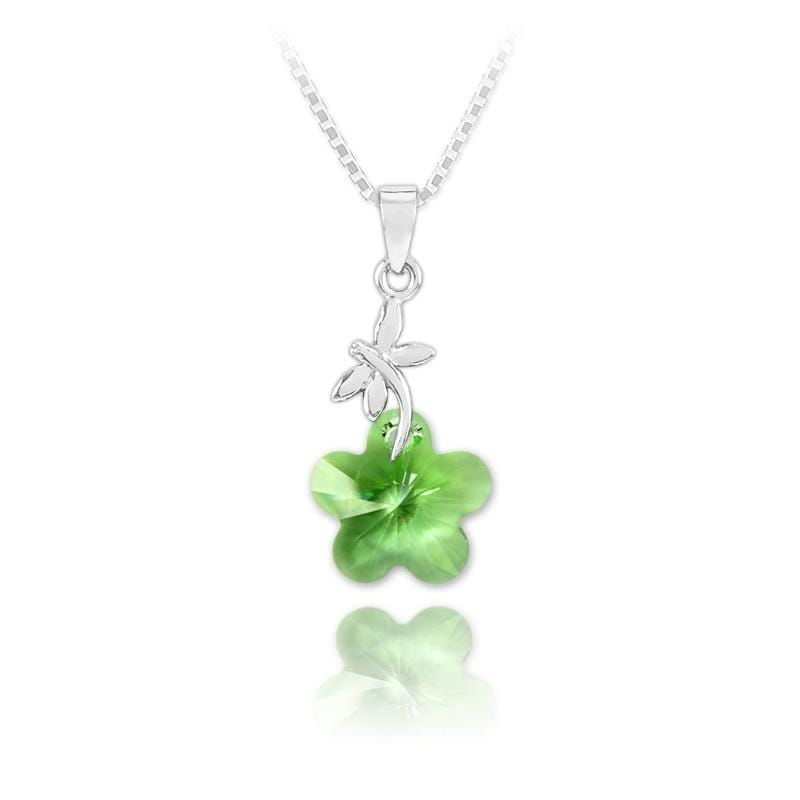 Sterling silver dragonfly necklace with Genuine Swarovski Peridot crystal flower pendant on a 42cm chain