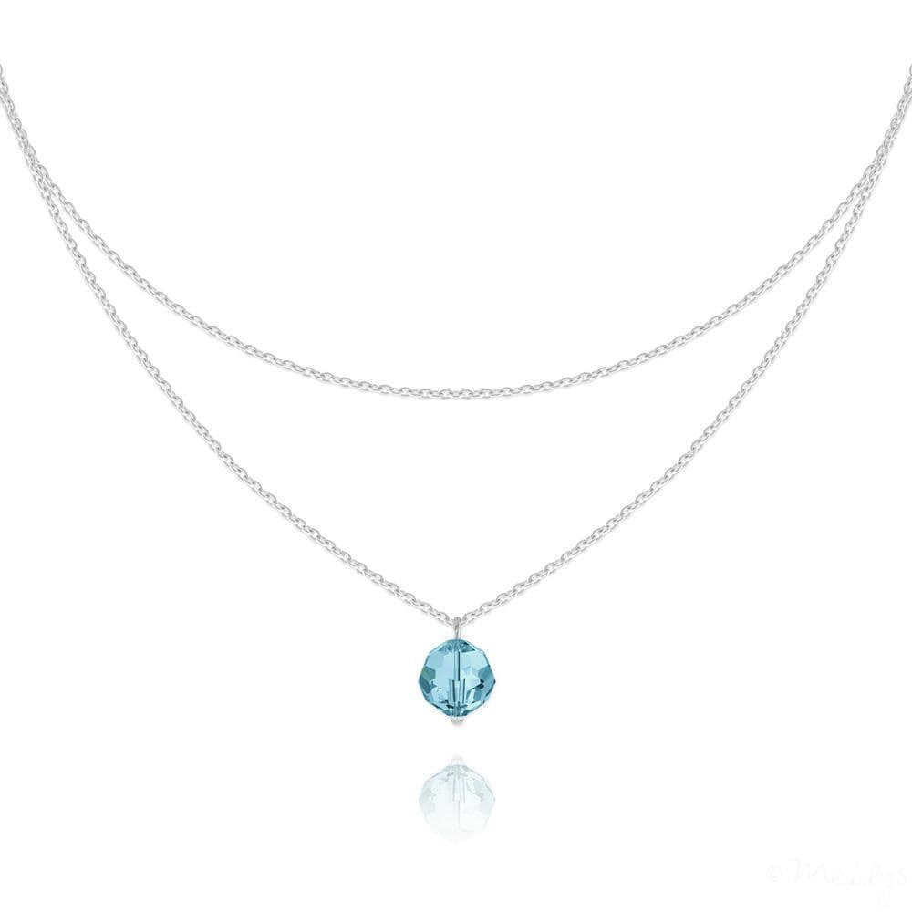 Sterling Silver double chain choker with Aquamarine Swarovski crystal and rhodium plated finish