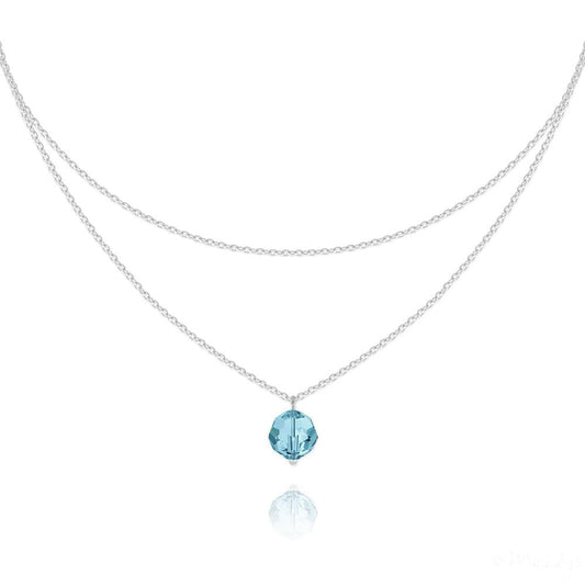Sterling Silver double chain choker with Aquamarine Swarovski crystal and rhodium plated finish