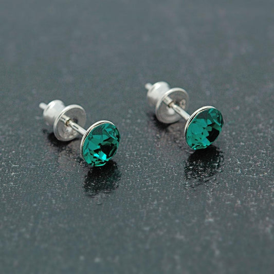 Sterling Silver emerald green Swarovski crystal stud earrings with rhodium plated finish
