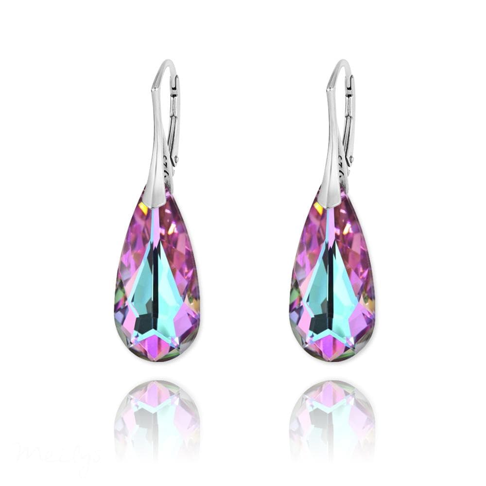 Sterling Silver Vitrail Light teardrop earrings with rhodium plated finish and faceted pink crystal design