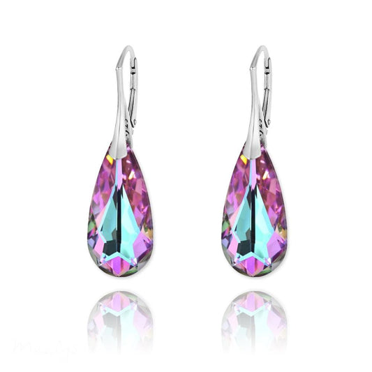 Sterling Silver Vitrail Light teardrop earrings with rhodium plated finish and faceted pink crystal design