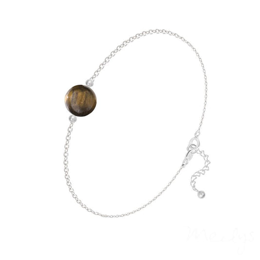 Sterling Silver Tiger's Eye bracelet with polished round centre stone and rhodium plated adjustable chain