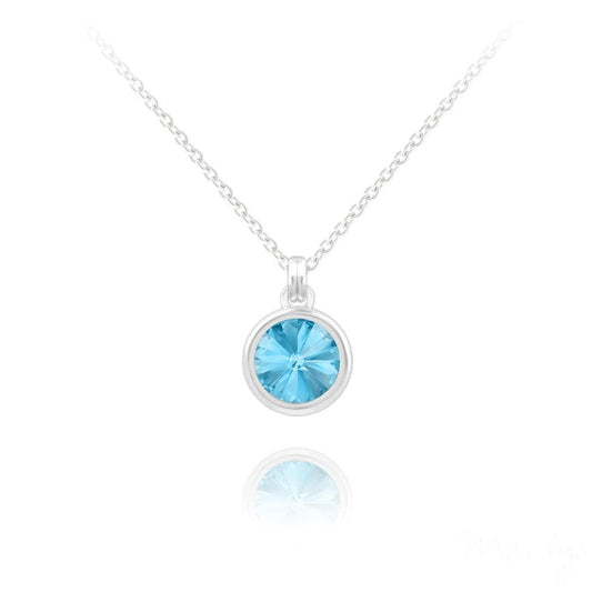 Sterling Silver necklace with aquamarine Swarovski crystal in a polished bezel setting and rhodium plated finish