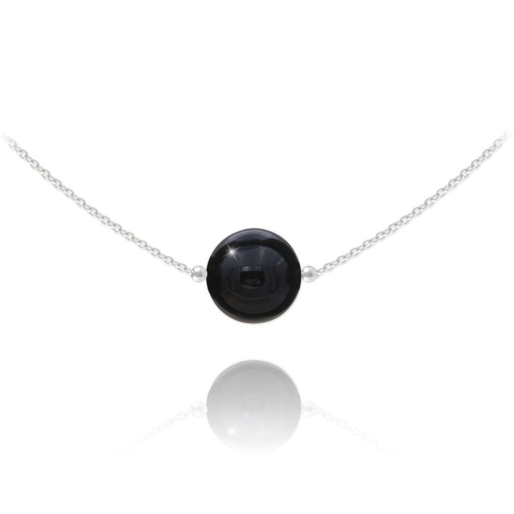 Sterling Silver choker necklace with black onyx gemstone, rhodium plated finish and adjustable chain