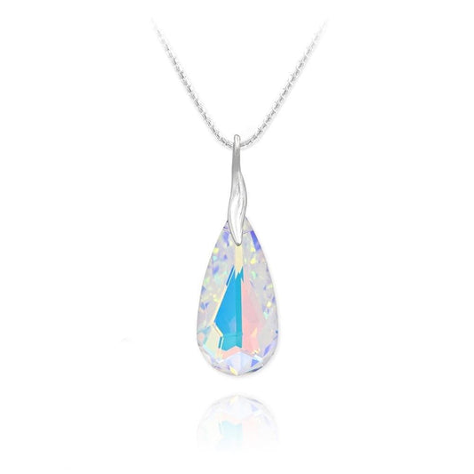 Sterling Silver teardrop pendant necklace with genuine White AB Swarovski crystal and rhodium plated finish