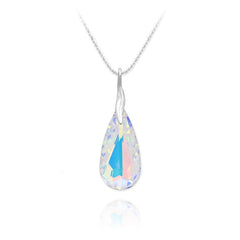 Sterling Silver teardrop pendant necklace with genuine White AB Swarovski crystal and rhodium plated finish