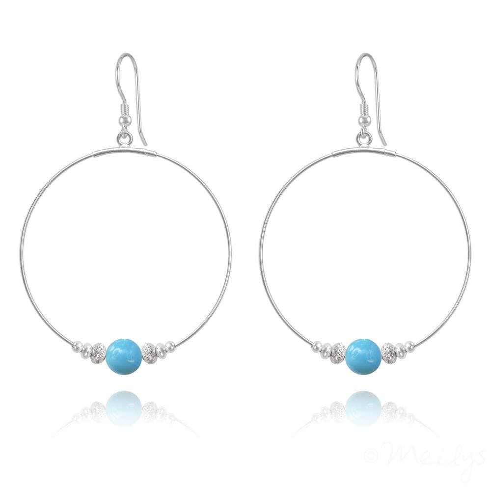 Large sterling silver hoop earrings with smooth turquoise pearl beads, textured silver spacers and earwire hooks