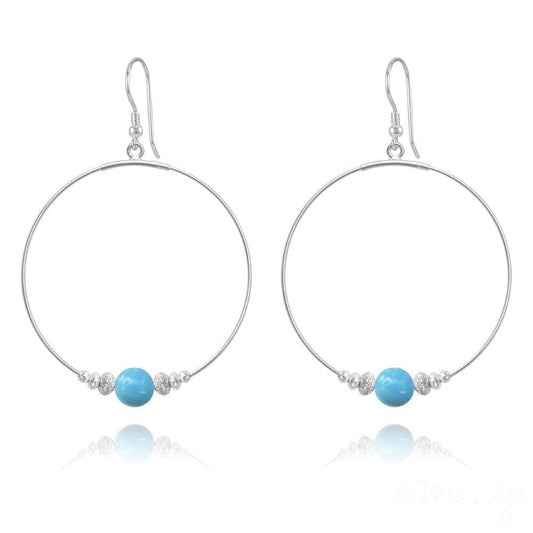 Large sterling silver hoop earrings with smooth turquoise pearl beads, textured silver spacers and earwire hooks