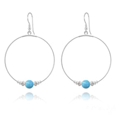 Large sterling silver hoop earrings with smooth turquoise pearl beads, textured silver spacers and earwire hooks