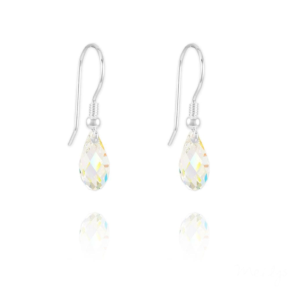 Sterling Silver teardrop earrings with White AB faceted briolette crystals and rhodium plated finish