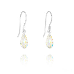 Sterling Silver teardrop earrings with White AB faceted briolette crystals and rhodium plated finish