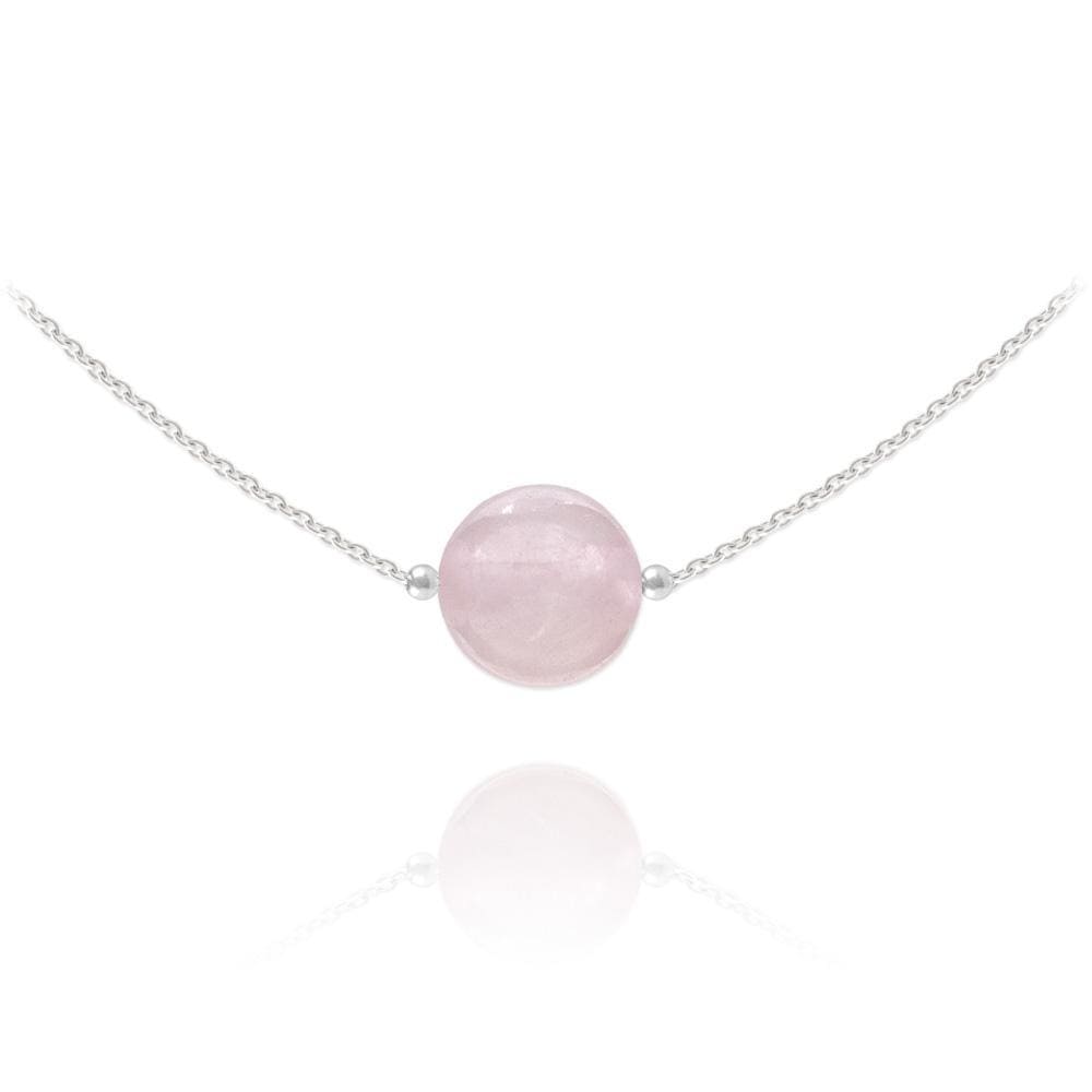 Sterling Silver pink quartz bead choker necklace with polished round pink centre stone and rhodium plated finish