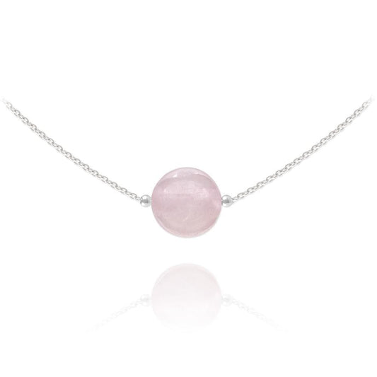 Sterling Silver pink quartz bead choker necklace with polished round pink centre stone and rhodium plated finish
