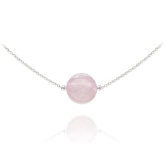 Sterling Silver pink quartz bead choker necklace with polished round pink centre stone and rhodium plated finish