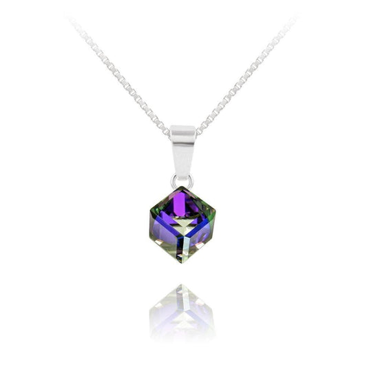 Sterling Silver necklace with Heliotrope Swarovski crystal cube pendant and rhodium plated finish
