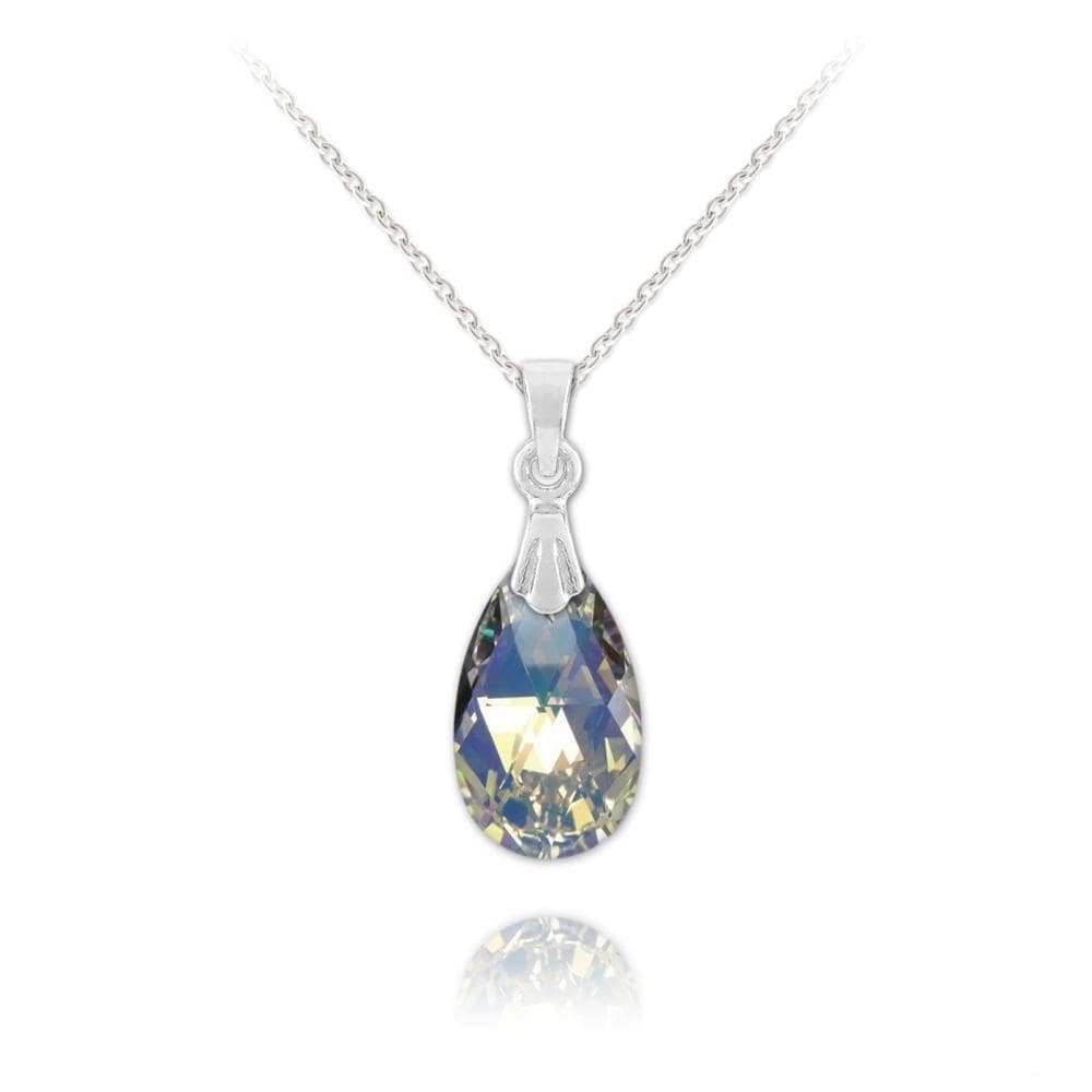 Sterling Silver vintage necklace with White AB pear-shaped crystal pendant and rhodium plated finish