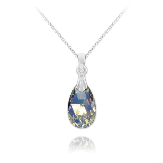 Sterling Silver vintage necklace with White AB pear-shaped crystal pendant and rhodium plated finish