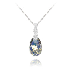 Sterling Silver vintage necklace with White AB pear-shaped crystal pendant and rhodium plated finish