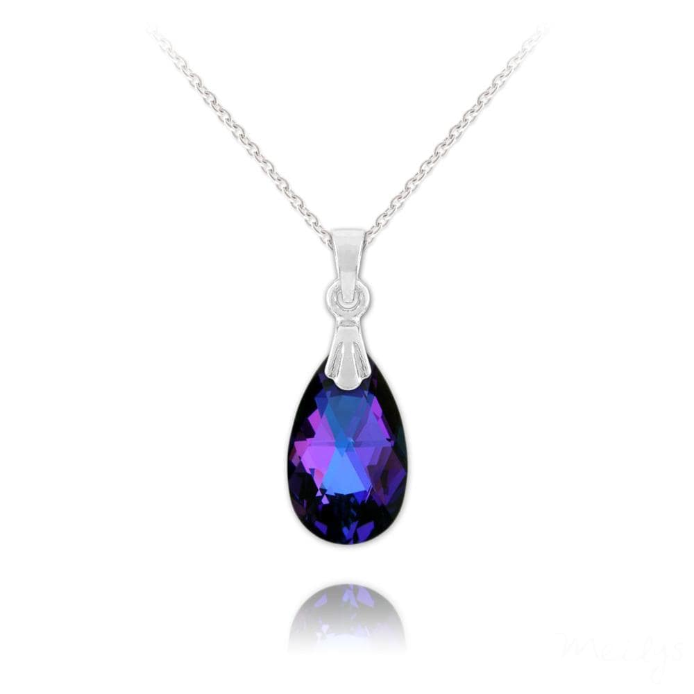 Sterling Silver vintage necklace with Heliotrope pear-shaped crystal pendant and rhodium plated finish