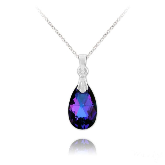 Sterling Silver vintage necklace with Heliotrope pear-shaped crystal pendant and rhodium plated finish
