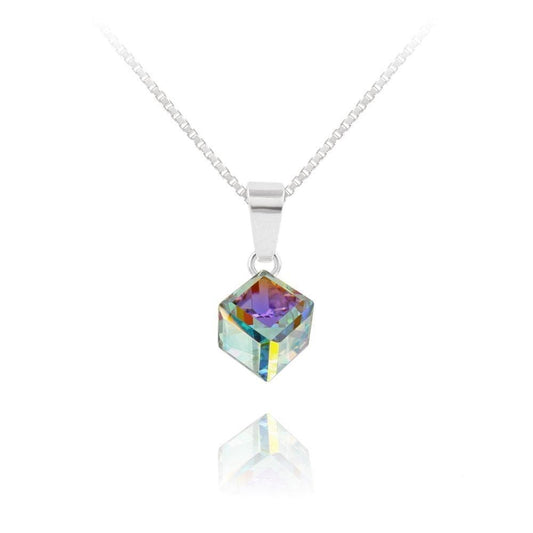 Sterling Silver necklace with White AB Swarovski crystal cube pendant and rhodium plated finish