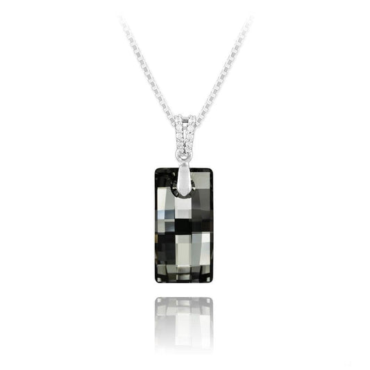 Sterling Silver necklace with Silver Night Swarovski crystal rectangular pendant and rhodium plated finish