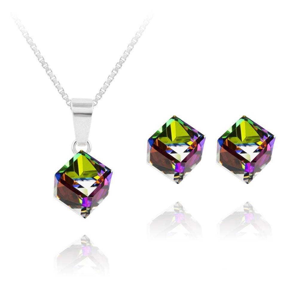 Sterling Silver jewellery set with Vitrail Medium Swarovski crystal cube pendant necklace and matching stud earrings