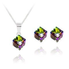 Sterling Silver jewellery set with Vitrail Medium Swarovski crystal cube pendant necklace and matching stud earrings
