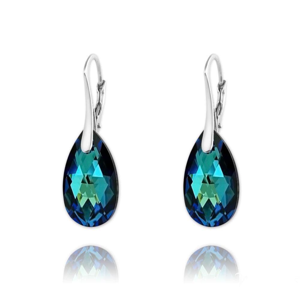 Sterling Silver drop earrings with Bermuda Blue Swarovski crystal teardrops and rhodium plated finish