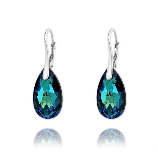 Sterling Silver drop earrings with Bermuda Blue Swarovski crystal teardrops and rhodium plated finish