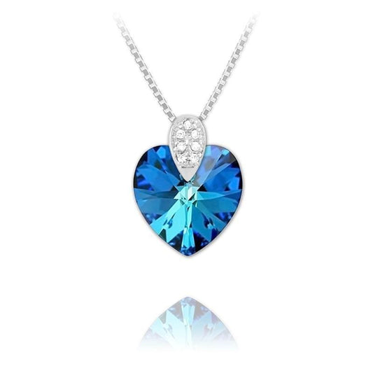 Sterling Silver heart necklace with Bermuda Blue crystal, rhodium plated finish and sparkling cubic zirconia bail