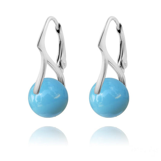 Sterling silver leverback earrings with genuine turquoise Swarovski crystal pearls in a polished curved drop design