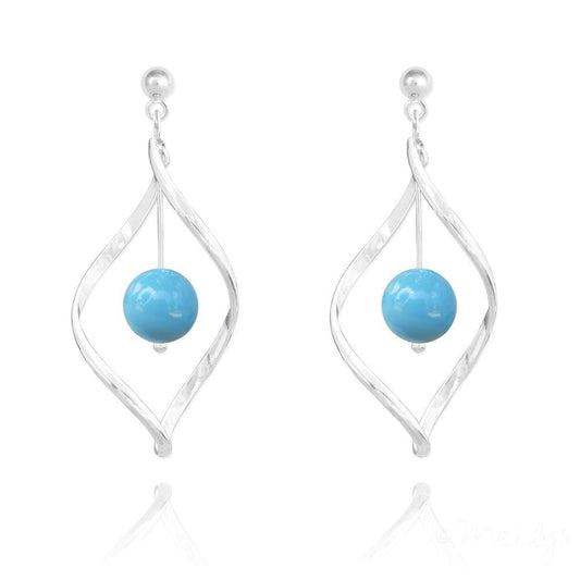 Sterling silver twist drop earrings with genuine turquoise Swarovski crystal pearls and polished post fittings