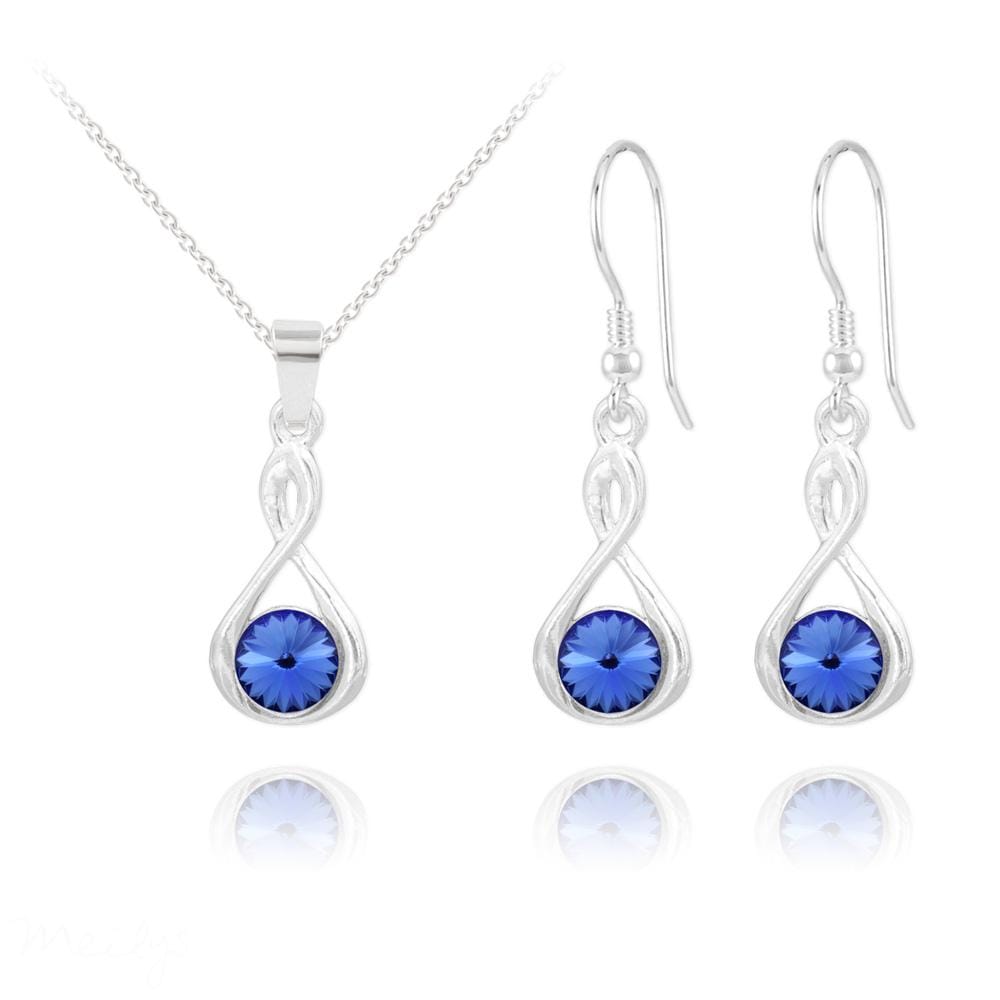 Sterling Silver infinity jewellery set with blue Swarovski crystal pendant necklace and matching drop earrings