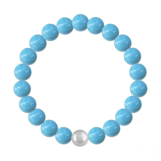 Sterling silver stretch bracelet with smooth 8 mm turquoise pearl beads and a polished silver accent bead
