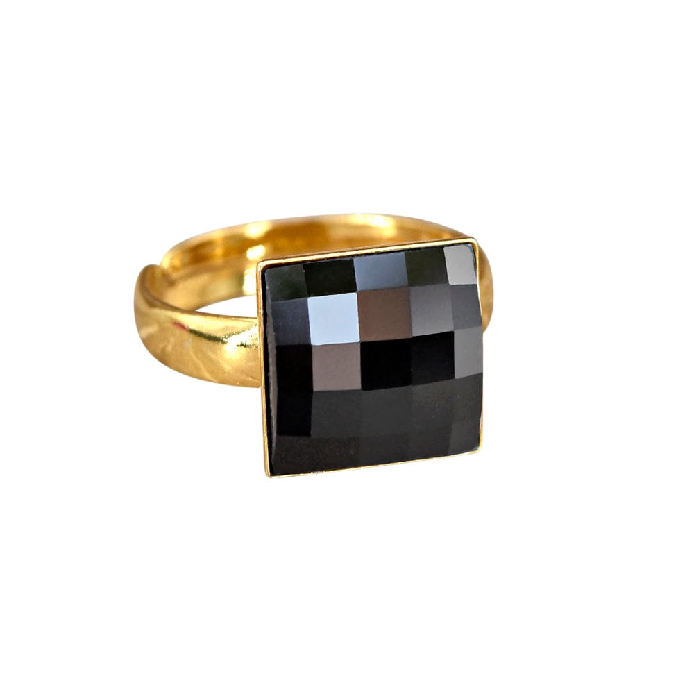 24K gold plated sterling silver adjustable ring with square Jet crystal