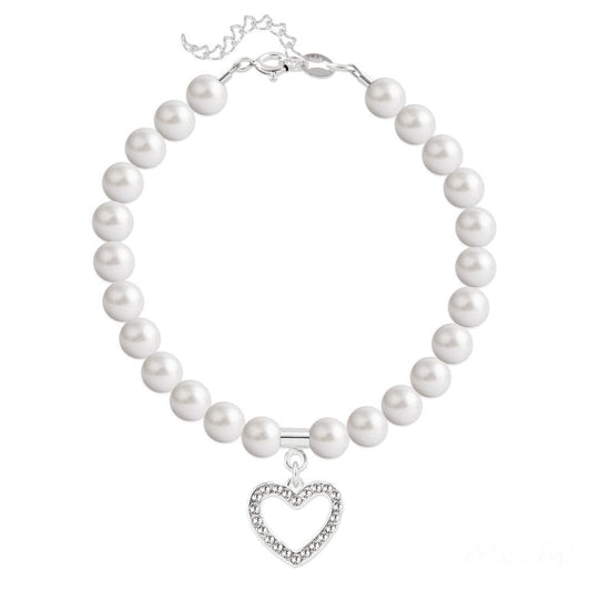 Sterling silver bracelet with white Swarovski crystal pearls, a clear-accented open heart charm and extension chain