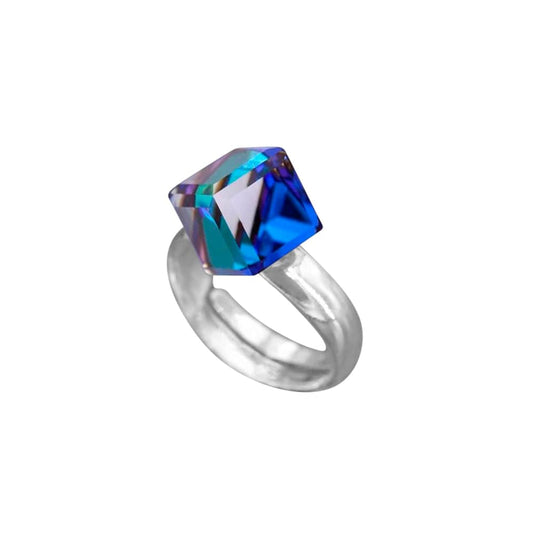 Sterling Silver adjustable ring featuring a Bermuda Blue cube crystal with a polished silver band