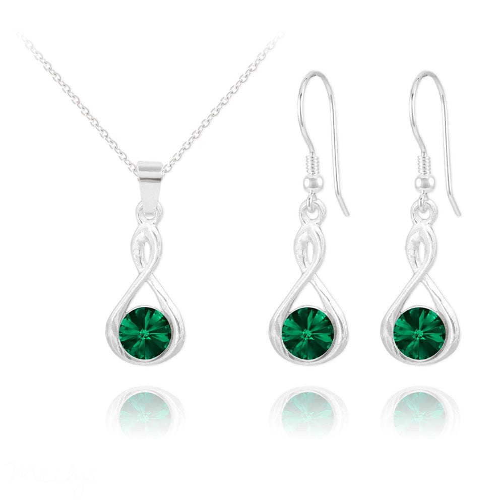 Infinity sterling silver necklace and earrings set with genuine emerald gemstones in elegant infinity design