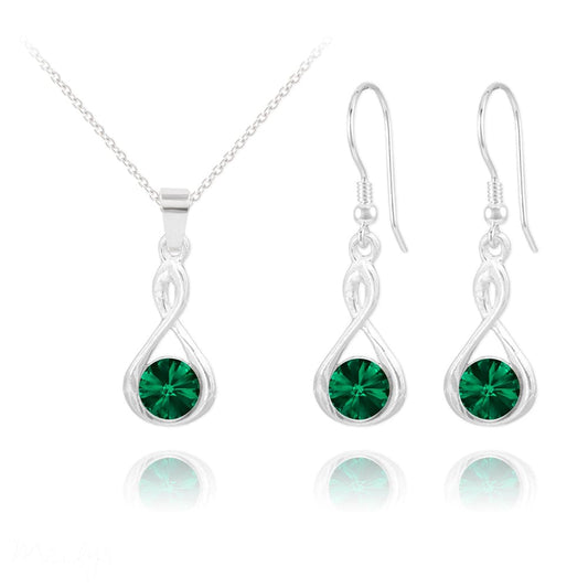 Infinity sterling silver necklace and earrings set with genuine emerald gemstones in elegant infinity design