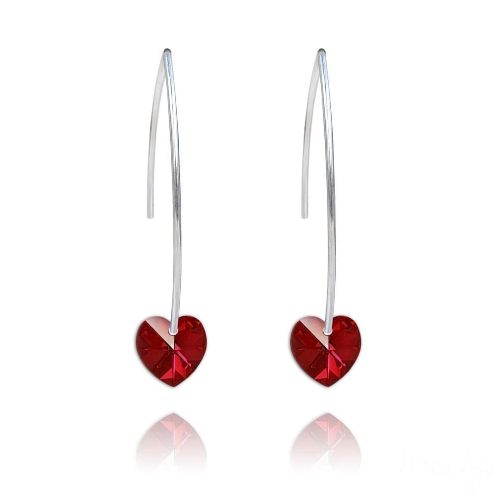 Sterling Silver drop earrings with Siam AB heart-shaped red crystal and curved hook design