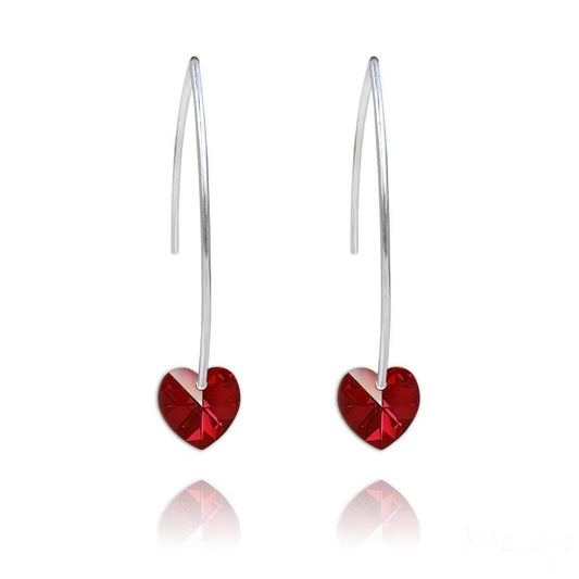 Sterling Silver drop earrings with Siam AB heart-shaped red crystal and curved hook design