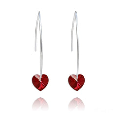 Sterling Silver drop earrings with Siam AB heart-shaped red crystal and curved hook design