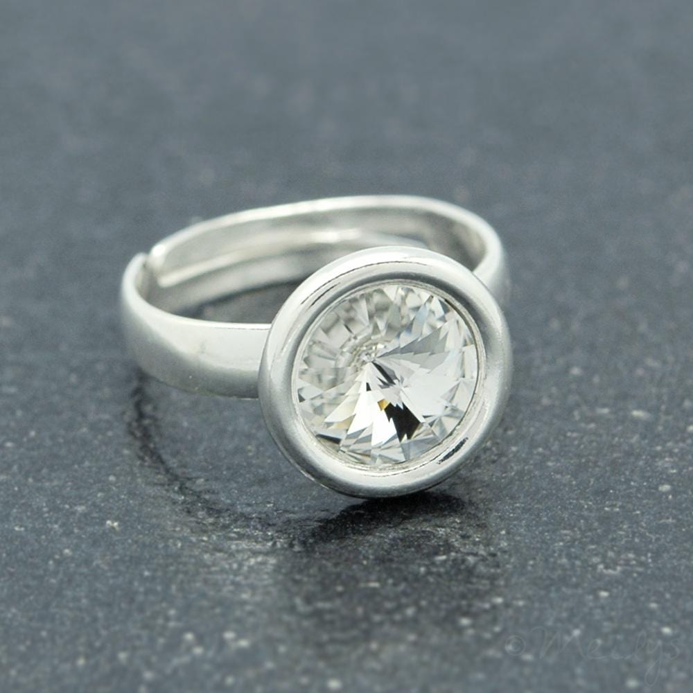 Sterling Silver adjustable ring with Genuine White Swarovski Rivoli crystal in a bezel setting