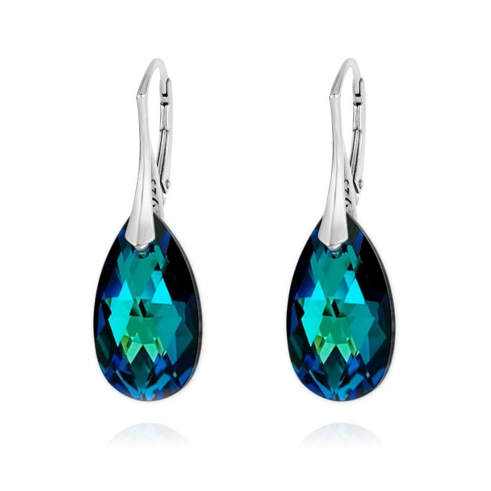 Rhodium plated Sterling Silver leverback earrings with Genuine Swarovski Bermuda Blue pear-shaped crystals