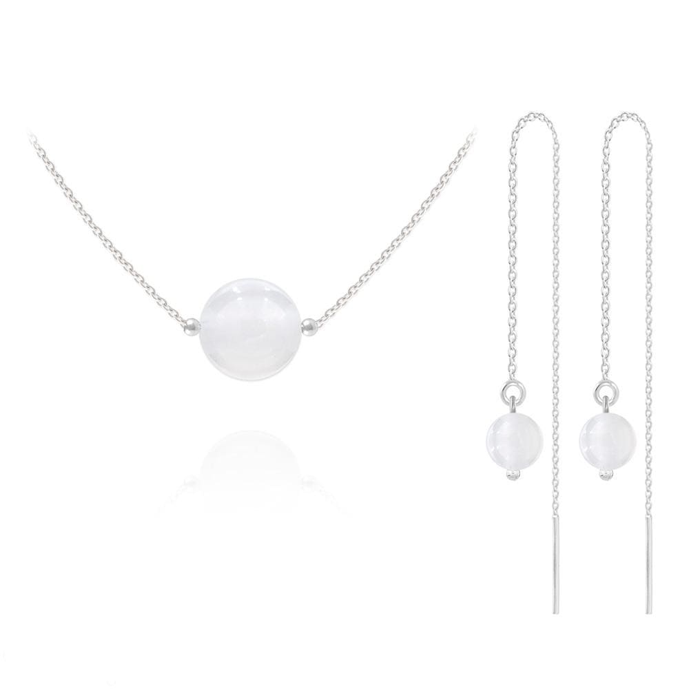 Rhodium plated Sterling Silver jewellery set with white jade bead necklace and threader earrings