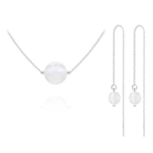 Rhodium plated Sterling Silver jewellery set with white jade bead necklace and threader earrings
