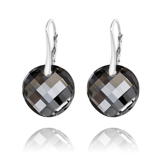 Rhodium plated Sterling Silver leverback earrings with Genuine Swarovski Silver Night round crystals