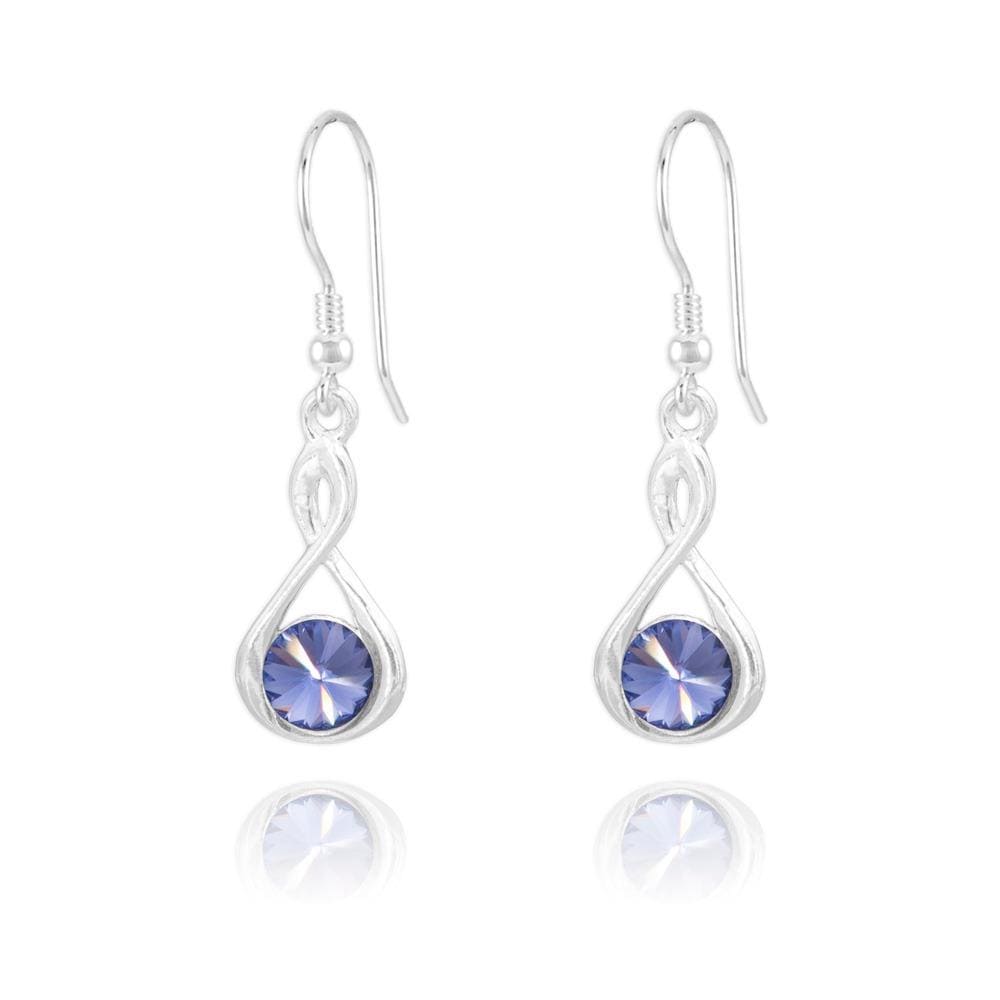 Rhodium plated Sterling Silver drop earrings with Genuine Swarovski Tanzanite crystals and infinity design
